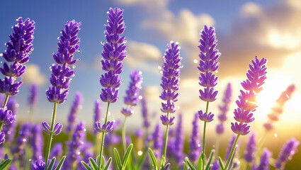 Naklejka premium Vibrant purple lavender blooms stretch towards the sky, their delicate petals glistening with dew, set against a warm, golden background of a hot summer sun