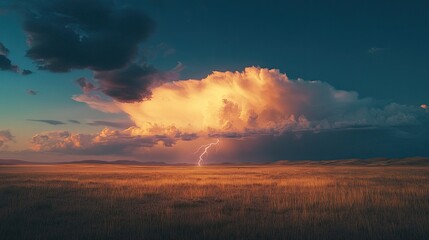 Obraz premium Dramatic Sunset Over Open Field with Thunderstorm, Lightning Strikes, and Soft Clouds Illuminating the Sky at Dusk in Nature's Breathtaking Beauty