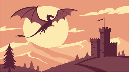 Silhouette of a dragon flying over a castle with a sunset background and mountains in the distance
