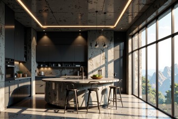Masculine kitchen design with large round concrete island, dark grey cabinets, marble countertop, large window, stunning mountain view. Concept of masculine kitchen design, interior style.