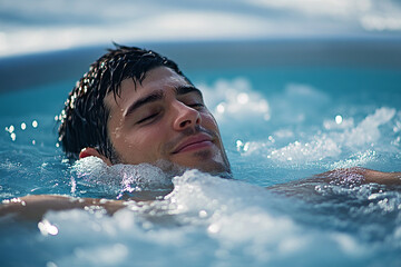 Man relaxing in a bubbly hot tub enjoying a spa day feeling peaceful and serene