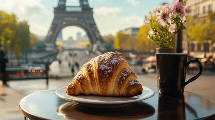 A freshly baked croissant and a coffee cup on a table with a blurred Eiffel Tower in the background during a sunny day in Paris.