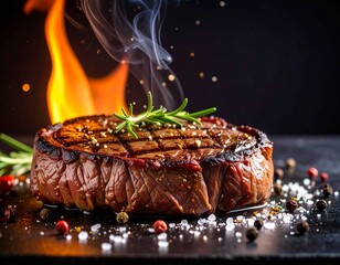 Close-up na idealnie usmażony ribeye steak, sok z mięsa, sól i pieprz,