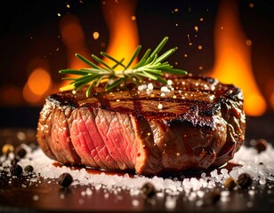 Close-up na idealnie usmażony ribeye steak, sok z mięsa, sól i pieprz,