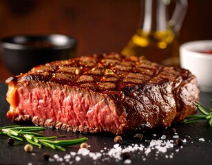 Close-up na idealnie usmażony ribeye steak, sok z mięsa, sól i pieprz,