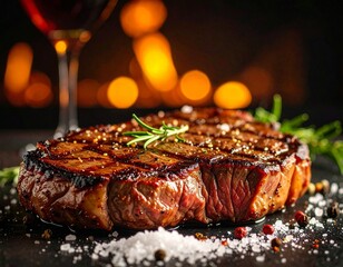 Close-up na idealnie usmażony ribeye steak, sok z mięsa, sól i pieprz,