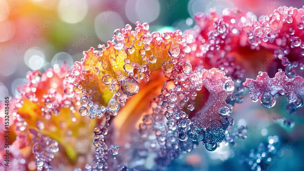 Poster abstract macro shot of colorful flower petals covered in water droplets with bokeh.