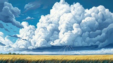 Dramatic Skies Over Golden Fields with Thunderstorm Clouds and Lightning Strikes in a Vibrant Landscape Under Bright Blue Sky