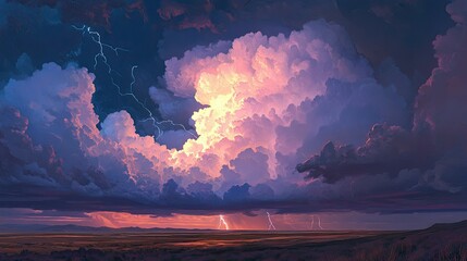 Dramatic Sky with Thunderclouds, Lightning Strikes, and Vibrant Colors at Sunset Over a Serene Landscape