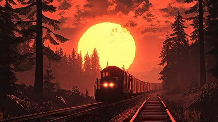 Majestic sunset behind a train traveling through a dense forest, glowing orange sky and silhouette of trees create a stunning landscape at dusk