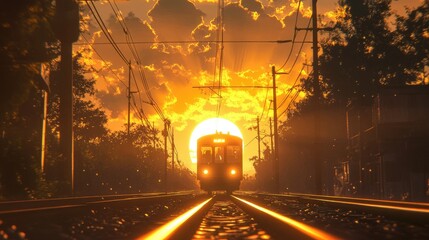 Sunset Train Journey with Orange Sky and Dramatic Light, Captivating Silhouettes of Trees and Power Lines Over Tracks in Golden Hour