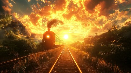 Majestic Train Journey at Sunset with Dramatic Clouds and Golden Sky Over Tranquil Railroad Landscape
