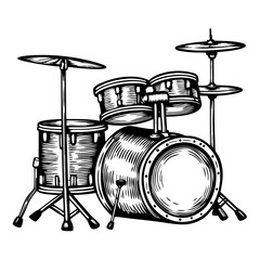 Detailed drum set drawing with bass drum, snare drum, and cymbals.  This vintage drum kit illustration features realistic details and classic design elements.