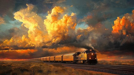 Dramatic Sunset Over Freight Train on Open Tracks with Vibrant Clouds and Rich Sky Colors