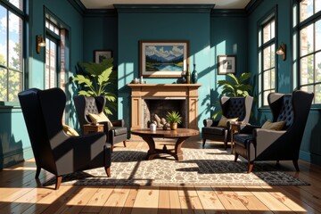 Fototapeta premium Cozy, sunlit living room interior with masculine living room design featuring wooden floors, leather chairs, and warm atmosphere. Concept of masculine living room design promotes comfort and style.