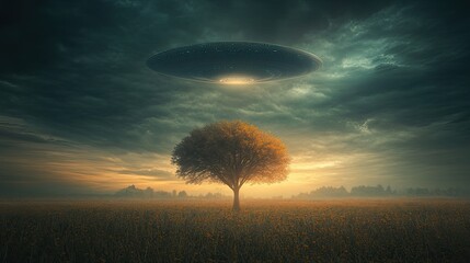 Surreal Landscape Featuring an Isolated Tree Under a Mysterious UFO in a Dreamy Twilight Sky with Dramatic Clouds and a Soft Glowing Horizon