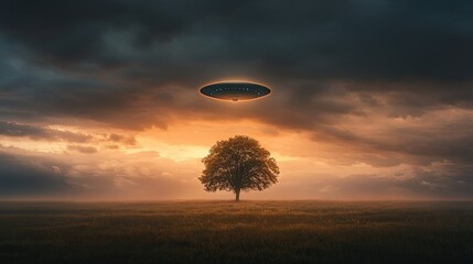 Mysterious UFO Descending Above Solitary Tree in Open Field Under Dramatic Sunset with Dark Clouds and Glowing Lights in the Sky