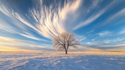 Majestic winter landscape with lone tree under dramatic sky and swirling clouds at sunset over a serene snow-covered field in a tranquil rural setting