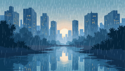City Rain Cartoon Reflection