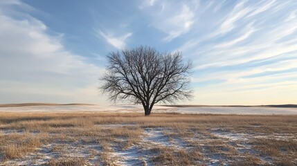 Lone Tree Standing in Open Field Under a Blue Sky with Wispy Clouds and Light Snow Covering the Ground During Winter Season