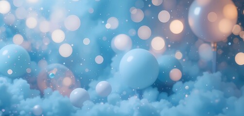 Baby blue birthday background with soft fog, pastel balloons, and glowing bokeh scattered like frost.