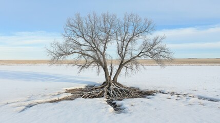 Lonely Tree with Exposed Roots in a Snowy Landscape Under a Clear Sky, Nature's Serenity, Winter Scene in Rural Area