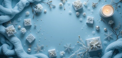 Winter blue birthday flat lay with soft cotton textures, tiny gift boxes, and chilled candlelight shadows.