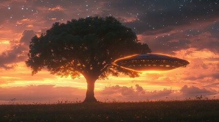 Sunset Scene with Tree and UFO Surrounded by Stars and Cosmic Colors in a Beautiful Sky