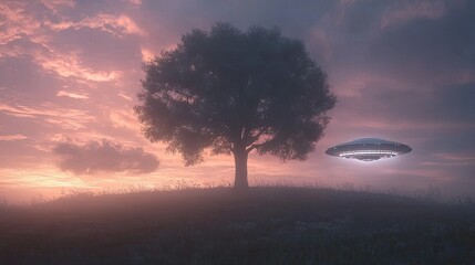 Futuristic Scene of a Flying Saucer Above a Majestic Tree at Sunset with Vibrant Colors and Mystical Atmosphere in a Dreamlike Landscape
