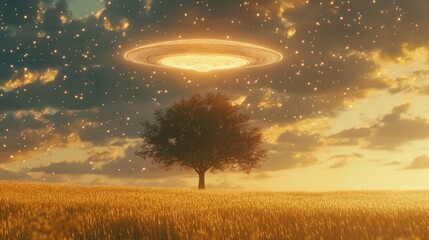 Enigmatic Landscape with a Tree Under a Floating UFO Surrounded by Glittering Stars at Sunset in a Dreamlike Atmosphere