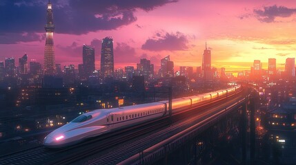 Sunset View of a High-Speed Train Cruising Through a Vibrant Cityscape with Colorful Skies and Modern Architecture in the Background