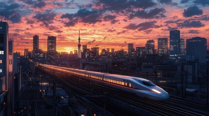 High-Speed Train Passing Through Cityscape at Dusk with Vibrant Sunset and Skyscrapers Against a Backdrop of Colorful Sky