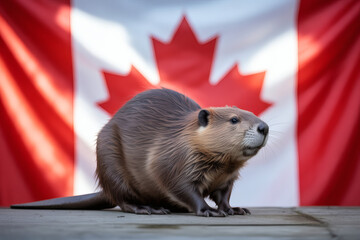  a charming beaver, Canada's national animal, poised in front of a subtly blurred Canadian flag, symbolizing national wildlife and pride