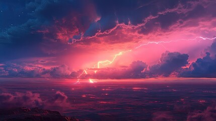 Dramatic Sunset Over Serene Ocean with Colorful Clouds and Striking Lightning Illuminating the Sky and Reflecting on Water Surface