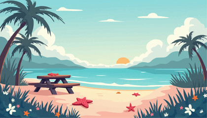 Obraz premium Beach with Picnic Table Palm Trees and Starfish