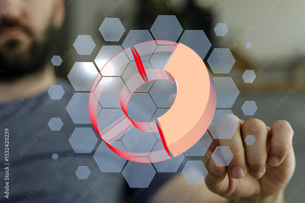 Aufkleber person interacts with a futuristic 3d pie chart graphic, showcasing data analysis and technology.