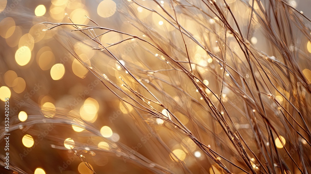 Poster delicate strands of grass illuminated by soft bokeh lights create a warm, enchanting atmosphere in a