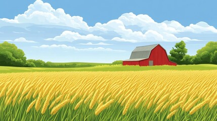 Serene countryside landscape featuring golden wheat fields under a blue sky with fluffy clouds and a charming red barn in the distance
