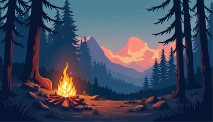 Campfire in Mountain Landscape Illustration