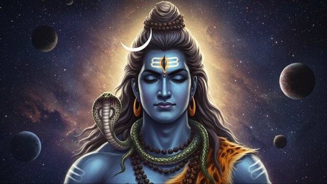 Depiction of Lord Shiva, one of the principal deities in Hinduism, revered as the god of destruction and transformation. Commonly portrayed with matted hair, a crescent moon