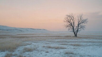 Serene Winter Landscape with Bare Tree and Snow-Covered Ground at Dusk in a Tranquil Rural Setting Under Soft Pastel Sky