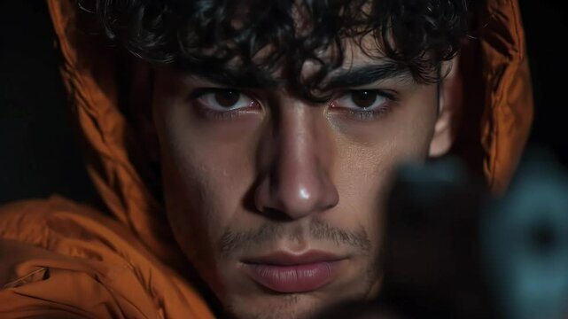 A young man in an orange jacket, intensely focused, aims a gun directly at the viewer