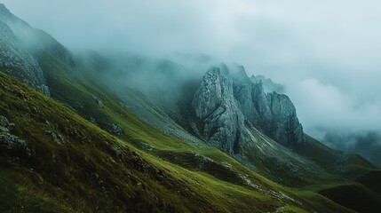 Misty mountains with jagged peaks rise above green hills, shrouded in dense fog under a cloudy sky.