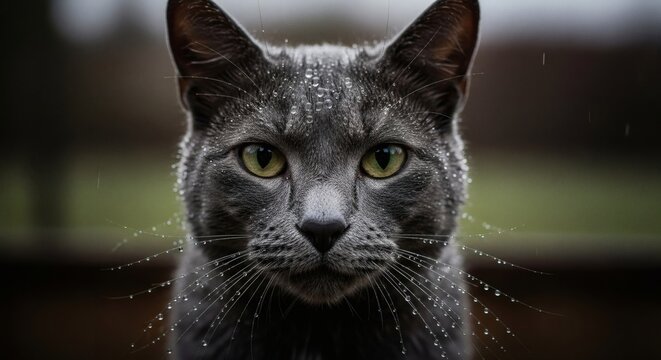 Intense gaze of a beautiful domestic gray cat, fur shimmering with water droplets, captured in a detailed close-up against a soft, dark background.