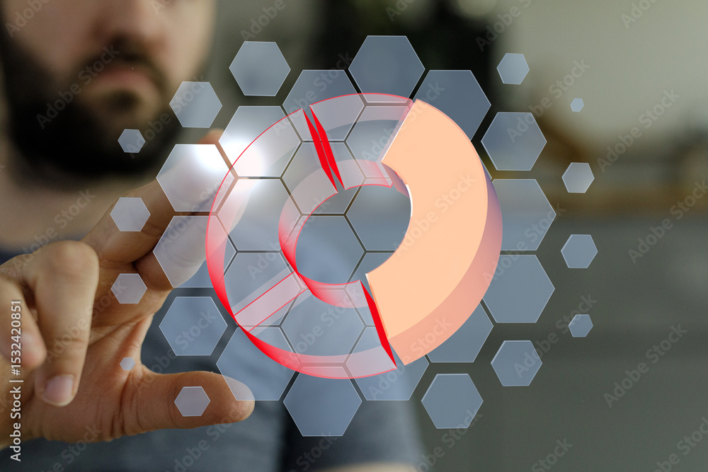 Poster Close-up of a man's hand interacting with a transparent 3D pie chart interface.