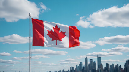 Toronto city skyline under a beautiful cloudy sky, featuring the Canadian flag flying high, symbolizing urban pride and national identity.
