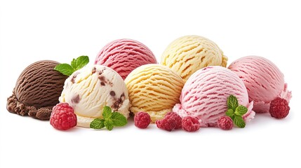 Six scoops of assorted ice cream flavors with raspberries and mint leaves on a white background.