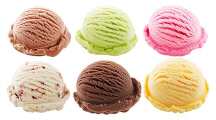 Six colorful scoops of ice cream in different flavors are displayed on a white background.