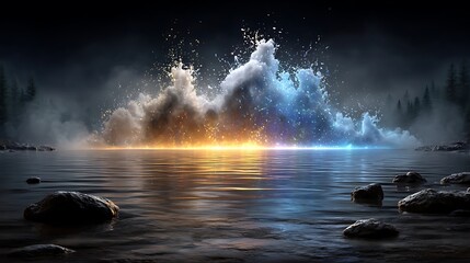 A misty night scene over a calm water surface, illuminated from below by pulsating neon lights, with white vapor and smoke swirling across the top.