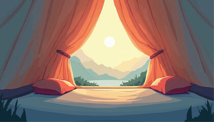 Tent view with mountain and lake in background